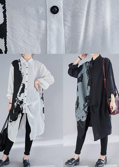 Organic Black Print Dresses Lapel Patchwork Loose Spring Dress