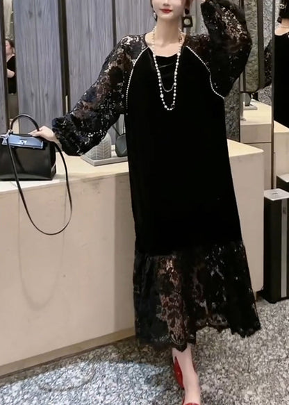 French Black O-neck Patchwork Hollow Out Lace Holiday Long Dress Long Sleeve