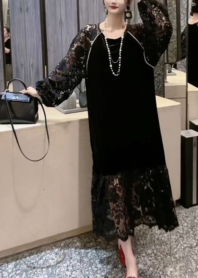 French Black O-neck Patchwork Hollow Out Lace Holiday Long Dress Long Sleeve