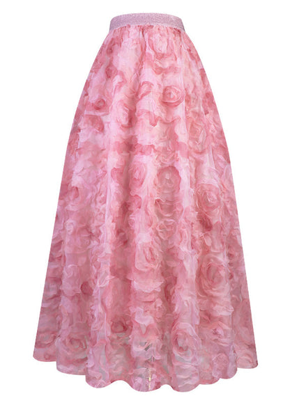Gradient Color Pink Rose Embroideried High Waist Tulle Maxi Skirt Spring