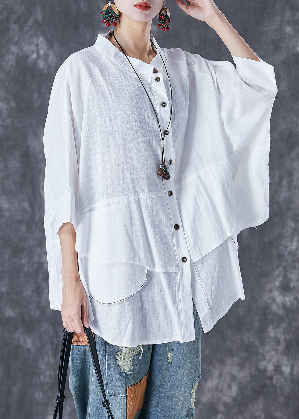 White Stand Collar Patchwork Linen Shirt Tops Batwing Sleeve