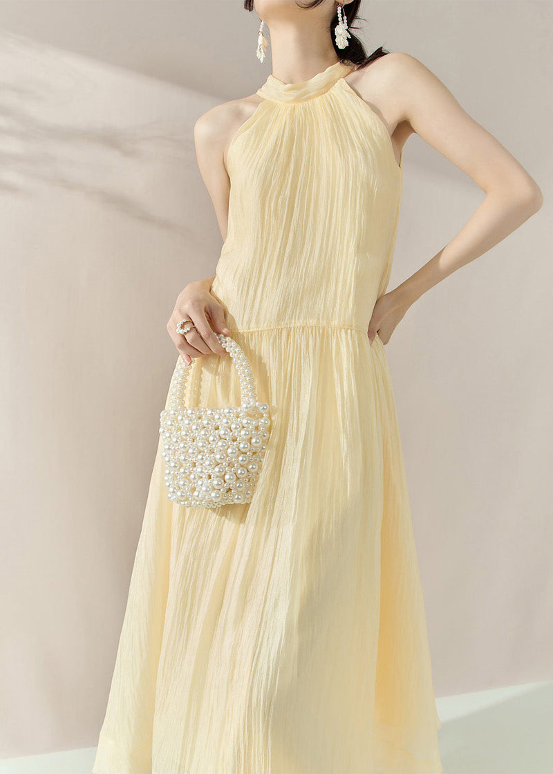 Yellow Halter Cold Shoulder Patchwork Holiday Maxi Dresses Summer