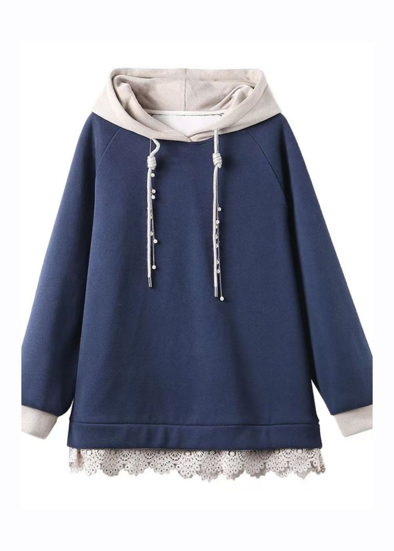 Navy Blue Drawstring Lace Patchwork Fleece Hoodie Sweatshirt Fall