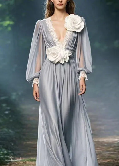 Italian Grey V Neck Decorated Chiffon Dresses Spring