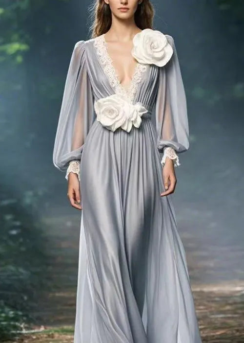 Italian Grey V Neck Decorated Chiffon Dresses Spring