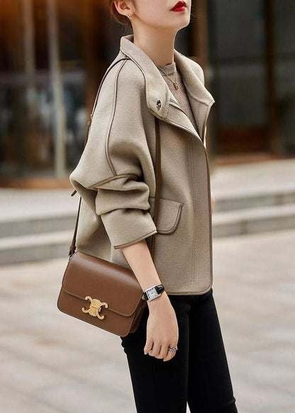 Grey Stand Collar Zippered Patchwork Woolen Coats Fall