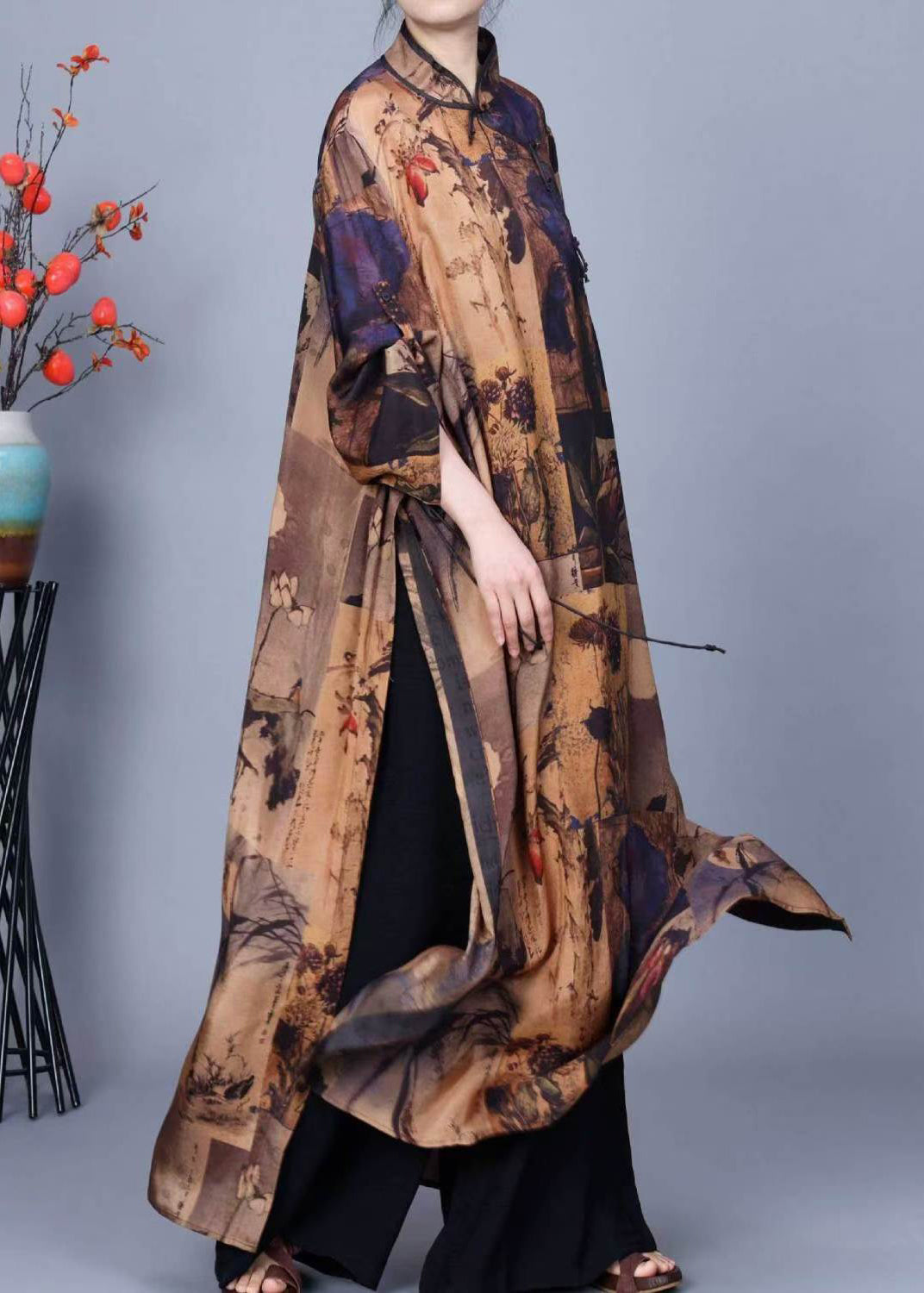 Stand Collar Print Side Open Silk Two Pieces Set Winter