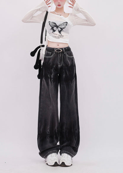 Black Tie Dye Denim Straight Pants Spring