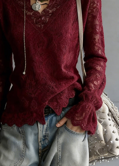 Slim Fit Wine Red V Neck Top Flare Sleeve