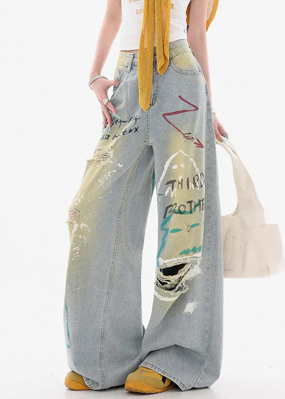 Stylish Blue Print Hole High Waist Denim Wide Leg Pants Fall