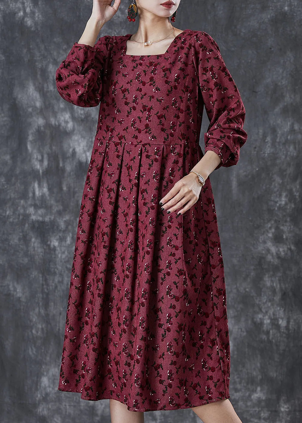 Mulberry Square Collar Print Corduroy Robe Dresses Spring