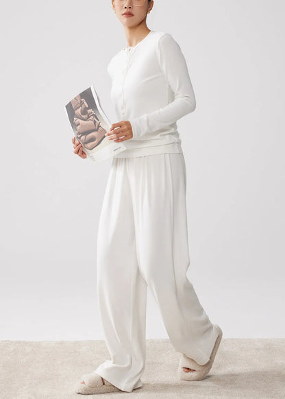 Simple White O Neck Button T Shirt and Wide Leg Pants Cotton Two-piece Set Fall