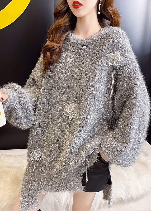 Loose Grey Asymmetrical Tasseled Cotton Knit Long Sleeve