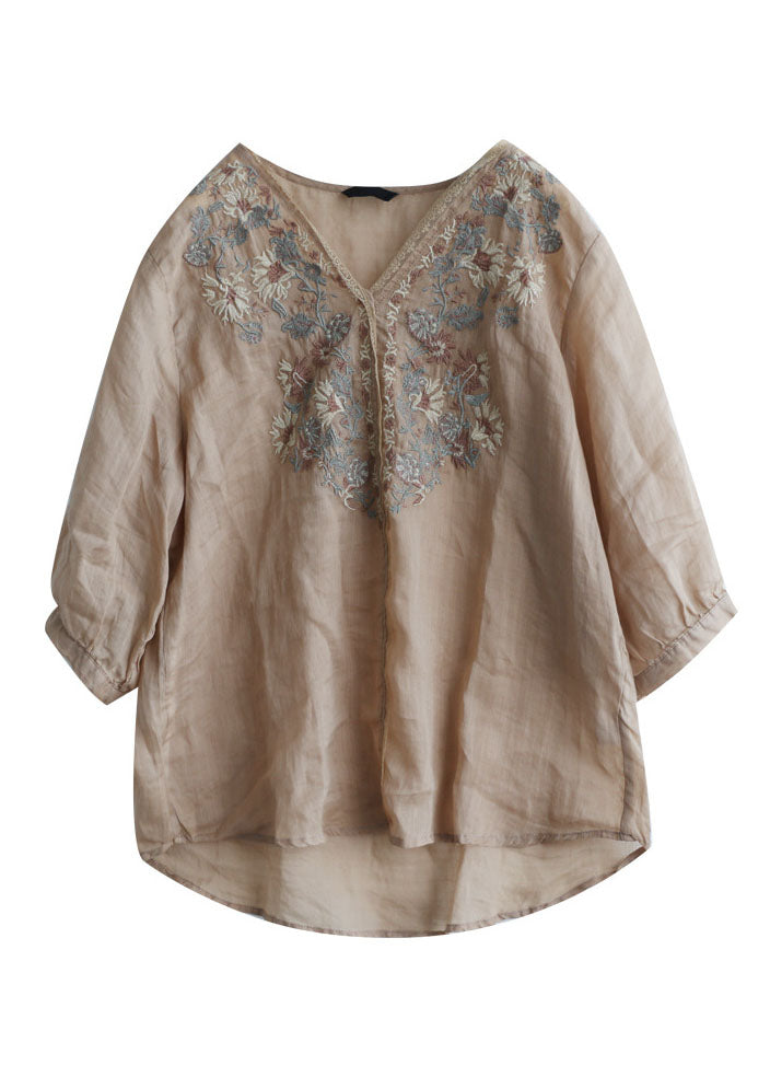 Khaki Embroideried Lace Patchwork Linen Shirt Top Half Sleeve