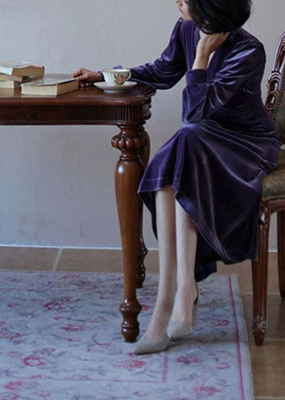 Purple V Neck Slim Fit Silk Velour Dresses Long Sleeve