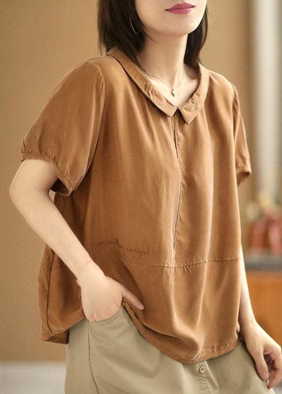 Loose Caramel Peter Pan Collar Silk Cotton Tops Summer