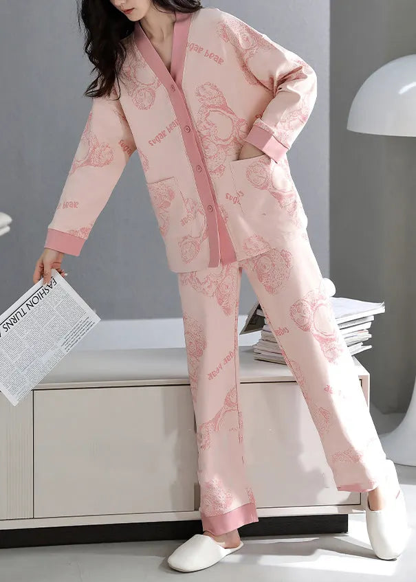 Pink Print Pockets Cotton Pajamas Two-piece Set V Neck Fall