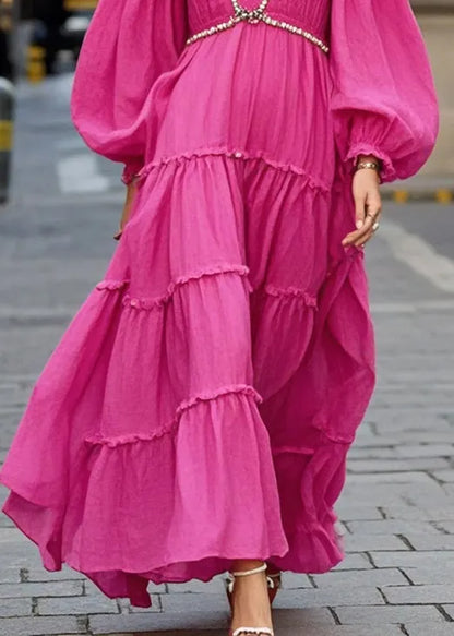Rose Exra Large Hem Chain Linked Cotton Dresses Puff Sleeve