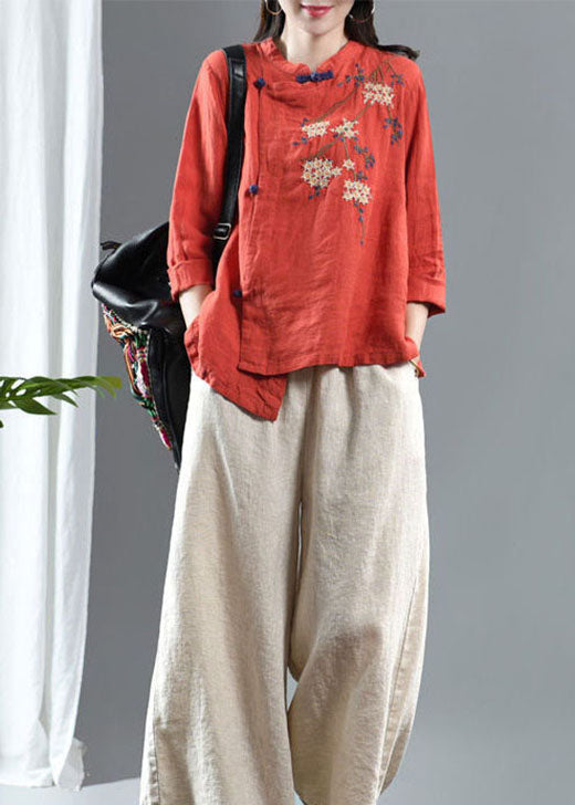 Loose Orange Embroideried Linen Top Half Sleeve