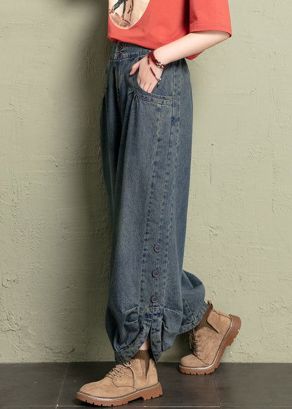 Blue Button Pockets Elastic Waist Jeans Spring
