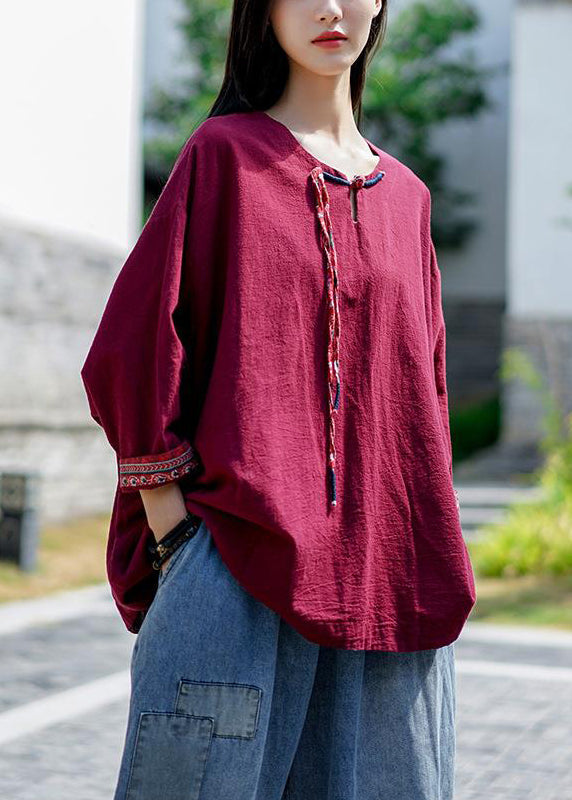 Wine Red Tasseled Linen T Shirt O-neck Fall
