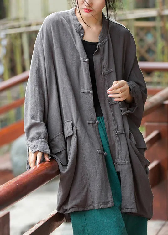 Grey Pockets Linen Coats Stand Collar Fall