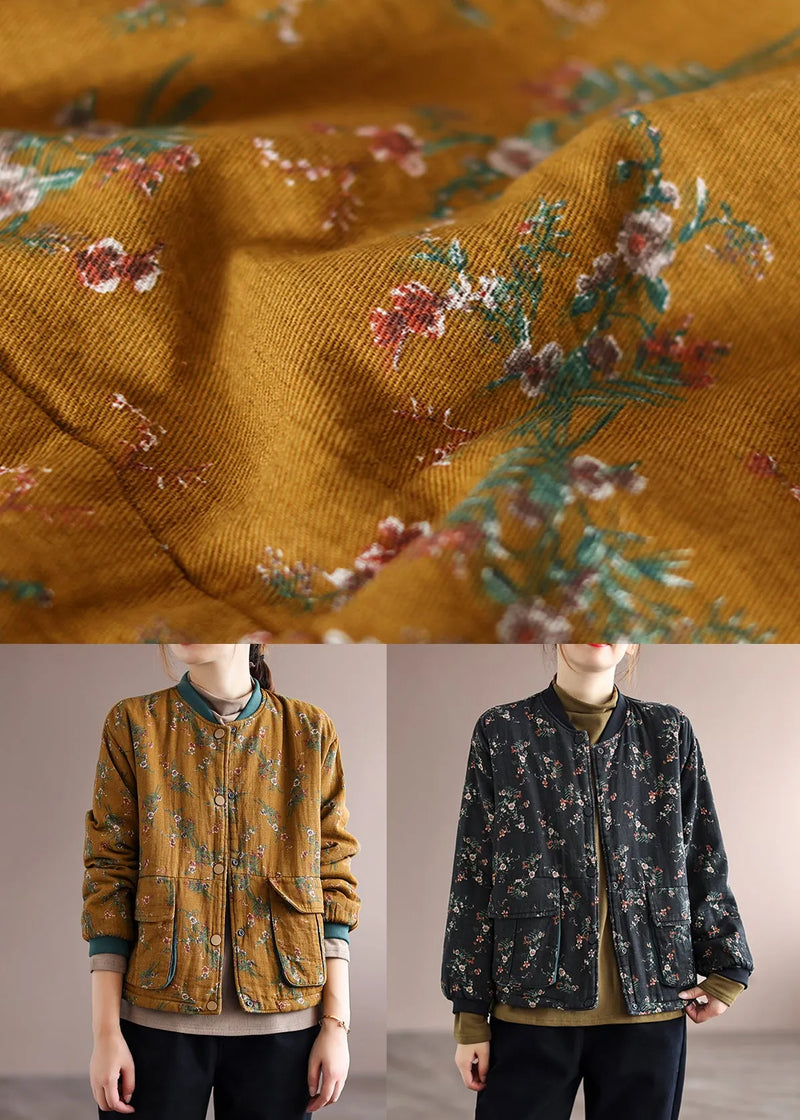 Black Print Pockets Patchwork Fine Cotton Filled Jackets Winter