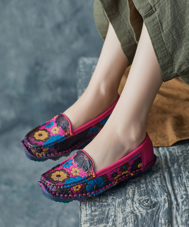 Rose Cowhide Leather Embossed Handmade Flat Feet Shoes