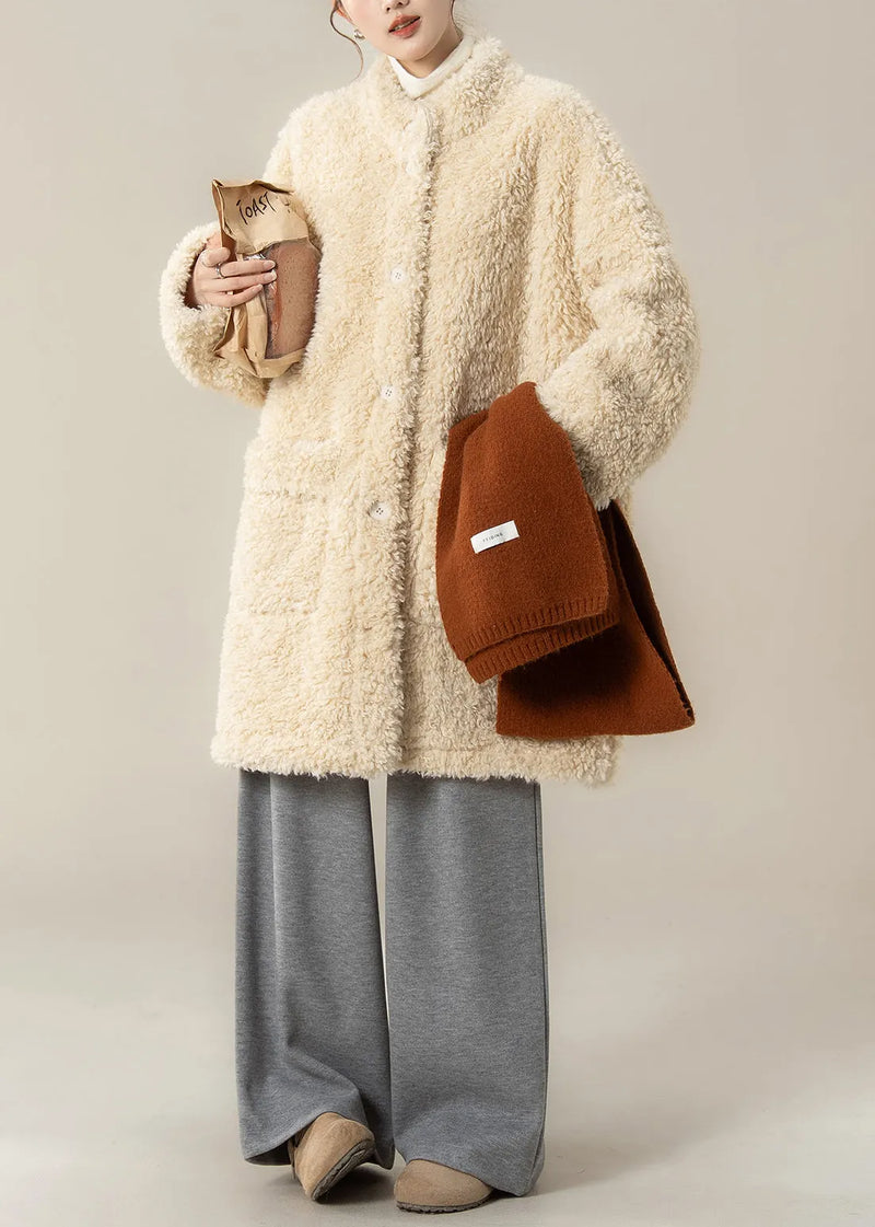 Apricot Stand Collar Pockets Teddy Coat Winter