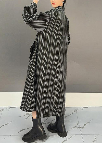Black Zippered Striped Cotton Long Dress Fall