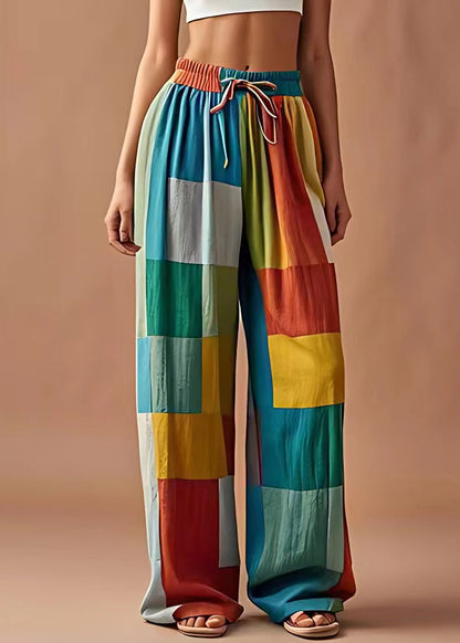 Diy Plaid Elastic Waist Patchwork Cotton Pants Summer