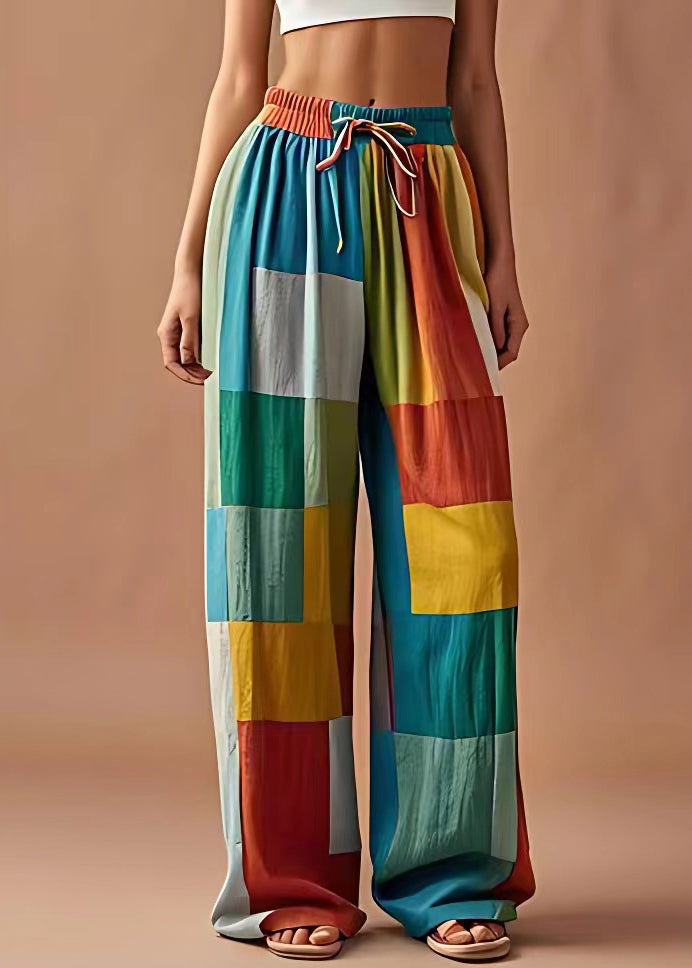 Diy Plaid Elastic Waist Patchwork Cotton Pants Summer