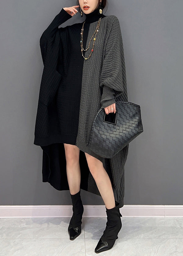 Red Black Hign Neck Asymmetrical Patchwork Knit Dresses Batwing Sleeve