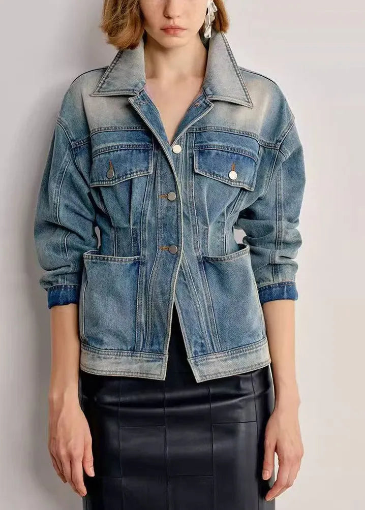 Italian Gradient Color Peter Pan Collar With Pockets Denim Coats Fall