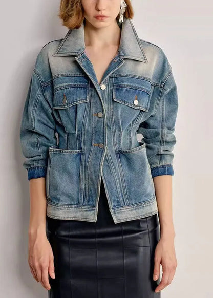 Italian Gradient Color Peter Pan Collar With Pockets Denim Coats Fall