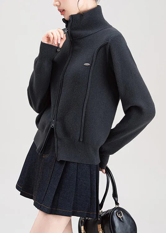 Dark Grey Zip Up High Neck Knit Sweaters Coat Spring