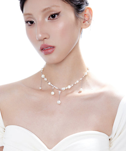 Stylish White Tassel Pearl Adjustable Silver Choker