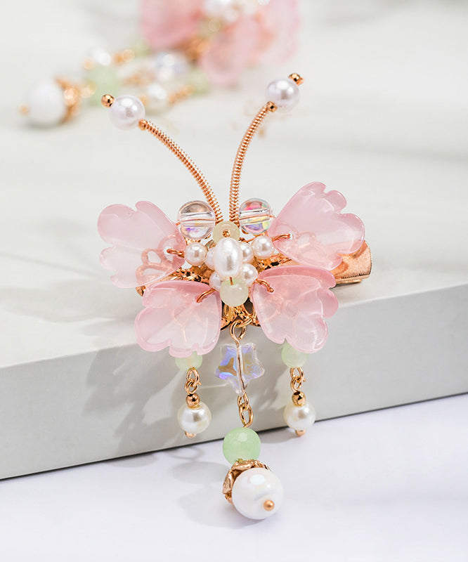 Pink Copper Alloy Pearl Butterfly Tassel Kids a Pair Hairpin
