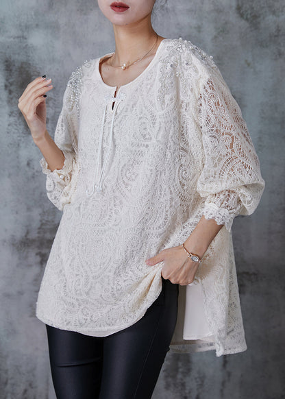 White Nail Bead Chinese Button Lace Top Summer