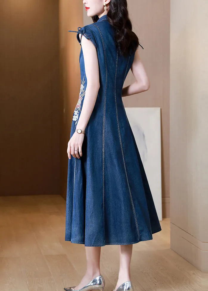 Blue Embroideried Pockets Patchwork Denim Dresses Summer