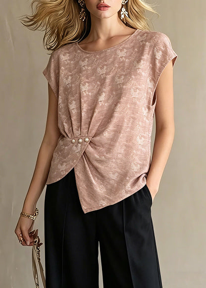Pink O-neck Print T Shirt Short Sleeve