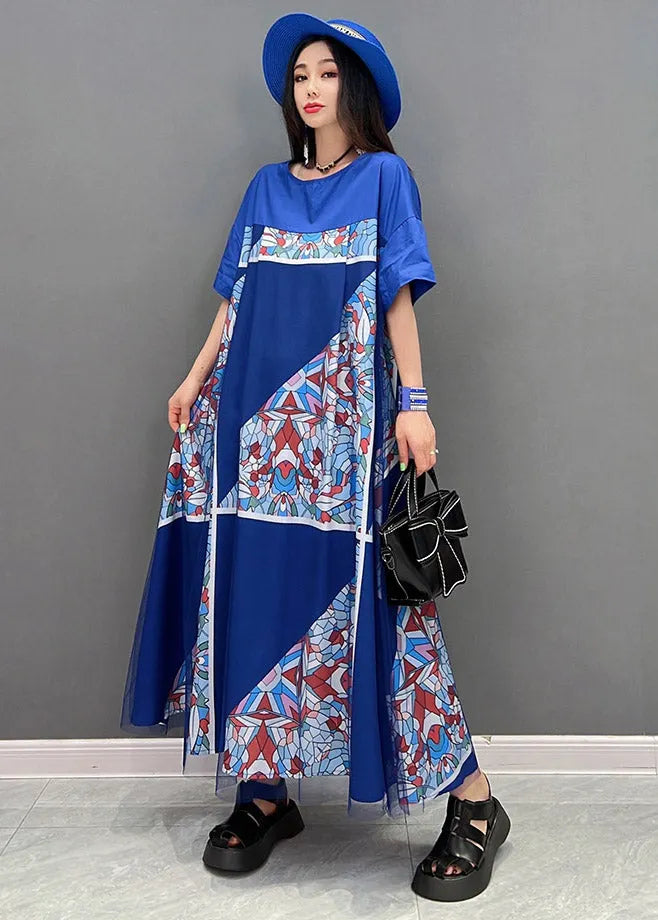 Blue O-neck Print Tulle Patchwork Dresses Short Sleeve