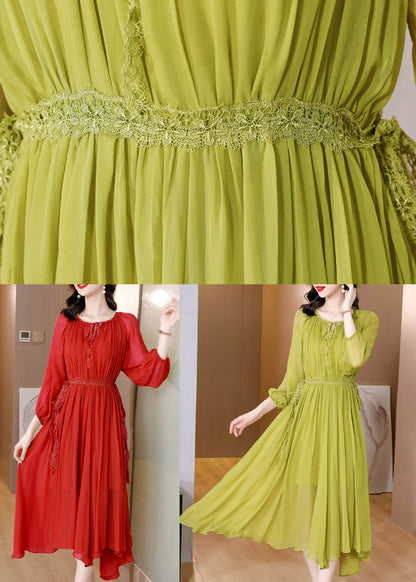 Brief Green O-neck Wrinkled Chiffon Long Dress Fall