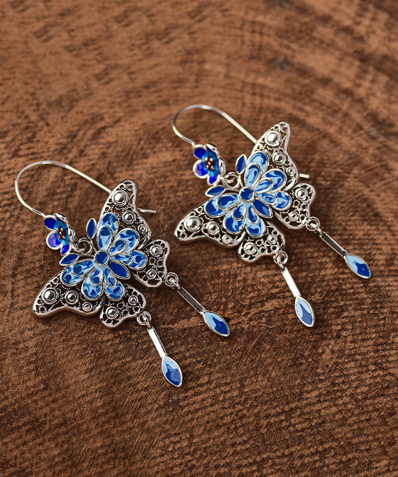 Unique Blue Sterling Silver Inlaid Enamel Butterfly Drop Earrings