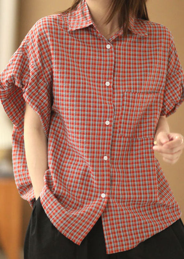 Red Peter Pan Collar Plaid Button Cotton Shirts Lantern Sleeve
