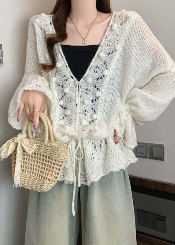 White V Neck Hollow Out Knit Cardigans Fall