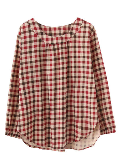 Red O-neck Plaid Cotton Loose Tops Spring