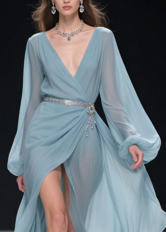 Blue V Neck Wrinkled Side Open Long Dresses Lantern Sleeve Spring