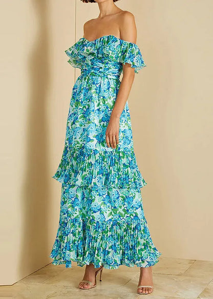 Green Cold Shoulder Ruffled Print Chiffon Vacation Dresses Summer