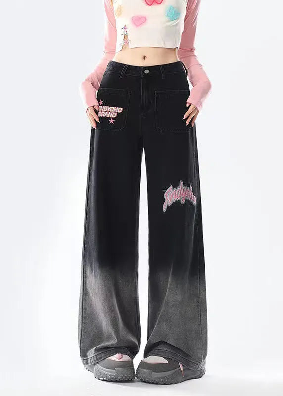 French Black Embroideried Pockets Denim Straight Pants Fall